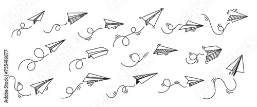 Set of Vector paper airplane. Travel, route symbol. Set of vector illustration of hand drawn paper plane. Isolated. Outline. Hand drawn doodle airplane. Black linear paper plane icon.