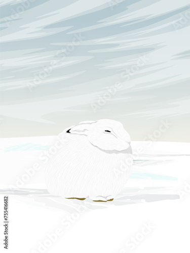 Arctic hare sits on the snow. Wild animal of the Arctic tundra in winter. Realistic vector vertical landscape