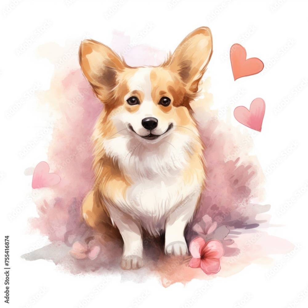 Pembroke welsh corgi dog surrounded by pink hearts in love watercolor illustration. Cute pet, animal painting