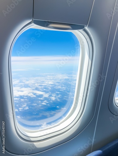 View of clouds through airplane passenger window 