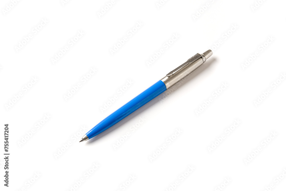Blue plastic and metal ballpoint pen on white isolated background Blue plastic and metal ballpoint pen on white isolated background