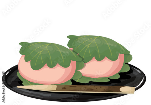 お盆にのせたピンク色の柏餅　2つ　菓子切つき