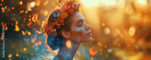 Beautiful stylish creative summer background. Spring fashion portrait of a woman with flowers and butterflies on her head and in her hair. Female beauty concept © Aquir