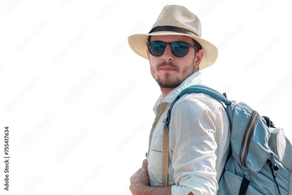 hiking tourist with hat and sunglasses isolated on white or transparent hiking tourist with hat and sunglasses isolated on white or transparent