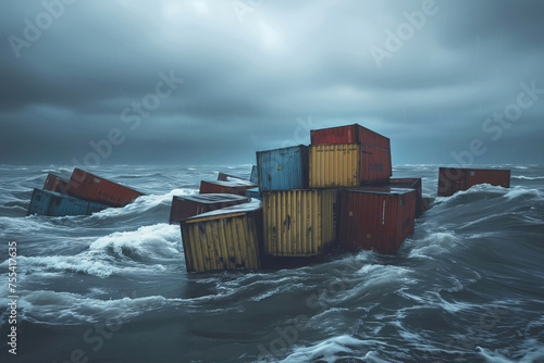 Aftermath of storm with containers flowing on water surface. Brightly colored exteriors stark against gray backdrop of stormy ocean