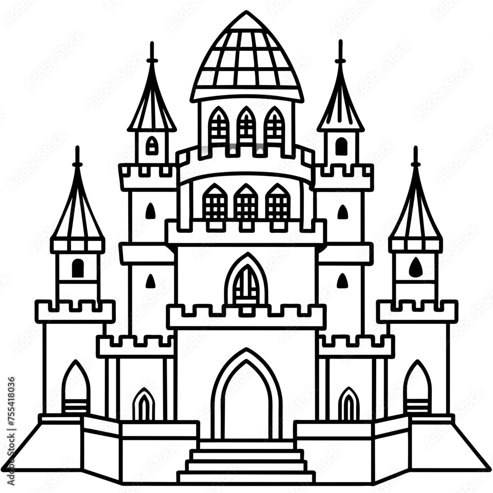 A vector illustration of an old medieval castle and the Church of the Holy Sepulchre silhouetted
