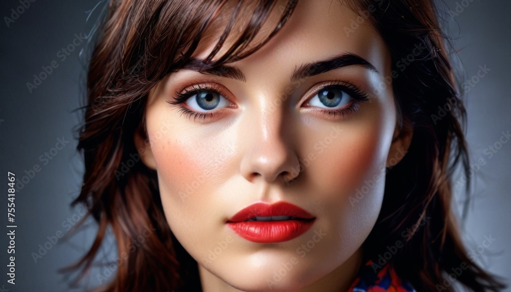 a close up of a woman's face with blue eyes and a red scarf around her neck and red lipstick on her lips. a close up of a woman's face with blue eyes and a red scarf around her neck and red lipstick on her lips.