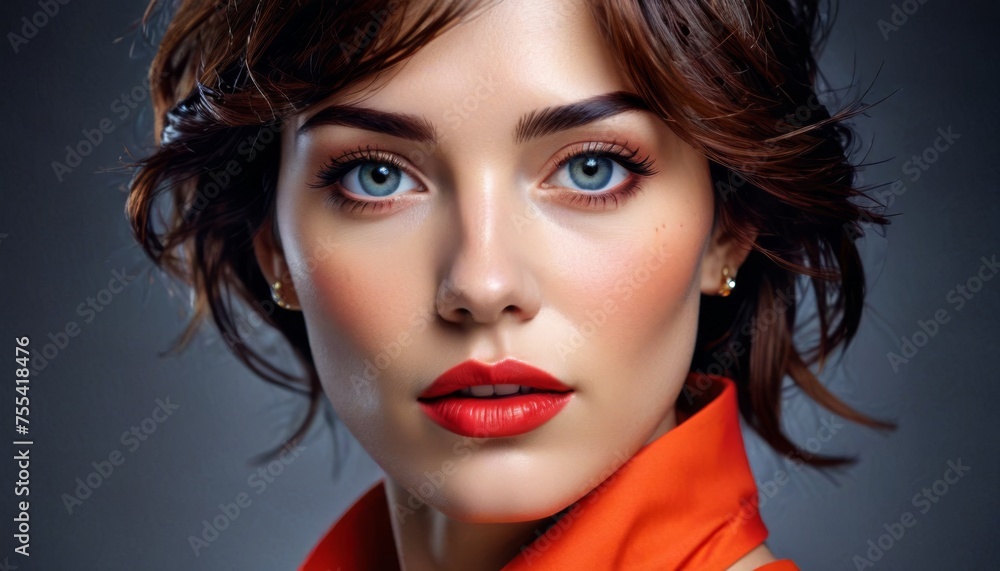 a close up of a woman with blue eyes and a red scarf around her neck and red lipstick on her lips. a close up of a woman with blue eyes and a red scarf around her neck and red lipstick on her lips.