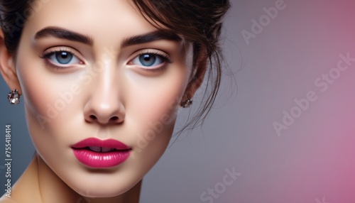  a close up of a woman with blue eyes and a bright pink lip color with a diamond earrings on her head.