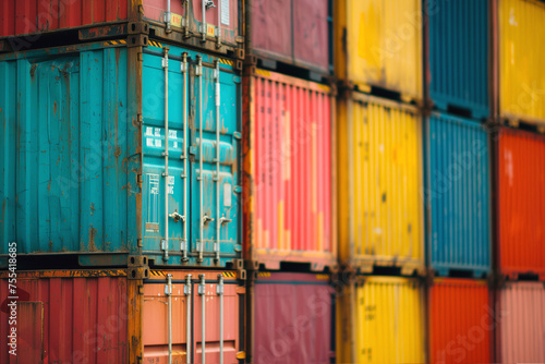 Stacked multicolored containers on freight ship. Each box securely fastened and properly positioned for journey ahead. Global trade closeup photo