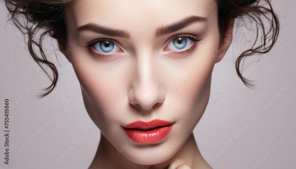 a close up of a woman with blue eyes and a red lipstick on her lips and her hair blowing in the wind. a close up of a woman with blue eyes and a red lipstick on her lips and her hair blowing in the wind.