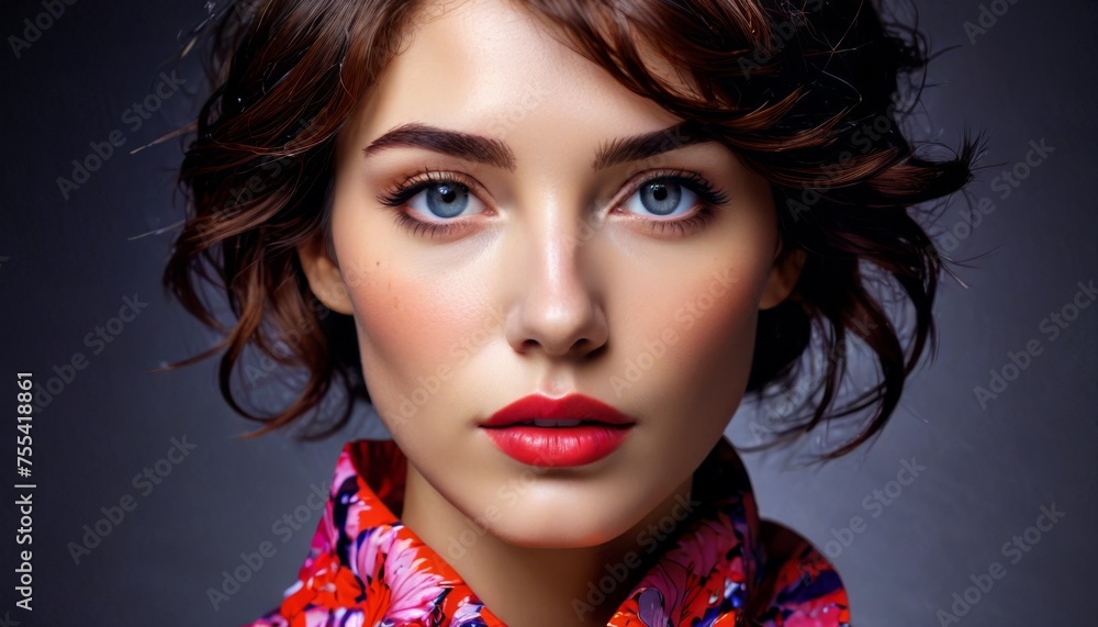 Fototapeta premium a close up of a woman with blue eyes and a red scarf around her neck and her hair blowing in the wind.