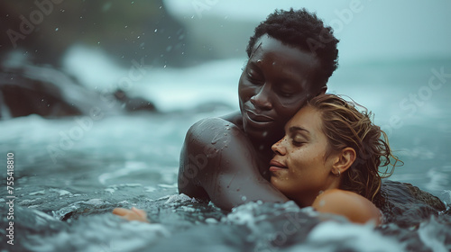 A man and a woman are hugging in the ocean