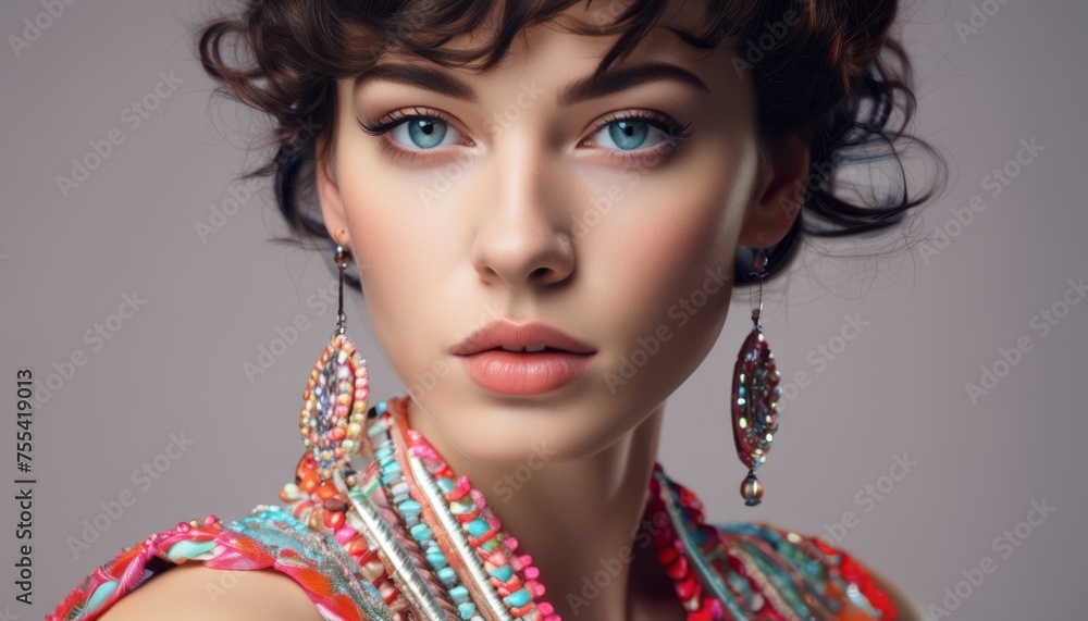 a close up of a woman with blue eyes wearing a multicolored dress and a pair of large earrings. a close up of a woman with blue eyes wearing a multicolored dress and a pair of large earrings.