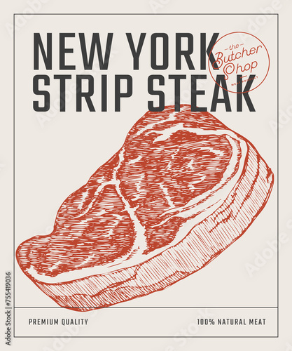 Slice of raw meat steak New York Strip. Hand-drawn slice of meat tenderloin on light background. Concept of fresh farm products. Design element for packaging, label, menu, butcher shop poster.
