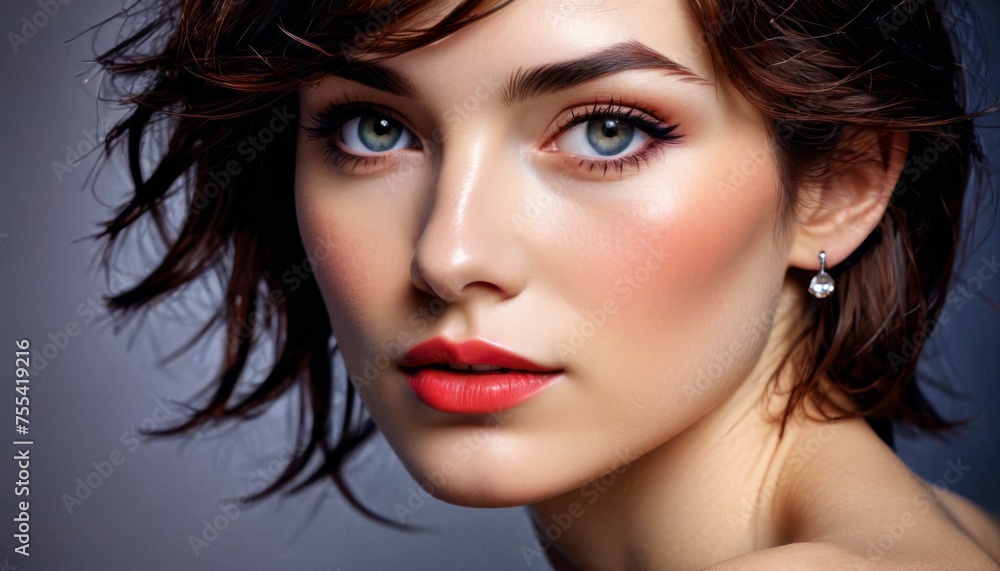 a close up of a woman's face with a red lipstick and earrings on her left side of her face. a close up of a woman's face with a red lipstick and earrings on her left side of her face.