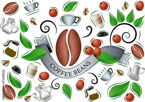 vector illustration of coffee beans and other coffee elements, such as teapot, cup, glass, coffee berries and leaves