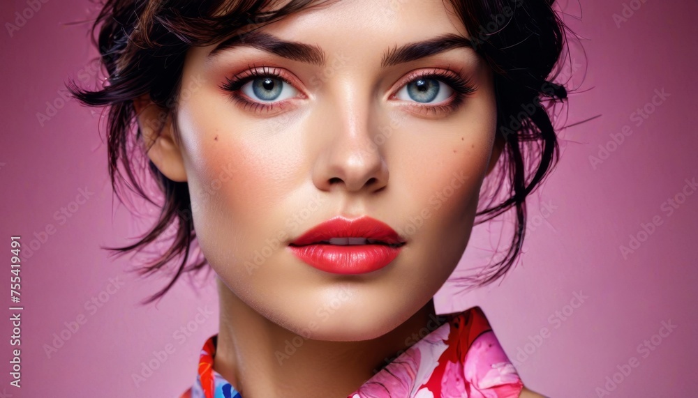 a close up of a woman with blue eyes wearing a pink shirt and a pink flowered scarf around her neck. a close up of a woman with blue eyes wearing a pink shirt and a pink flowered scarf around her neck.