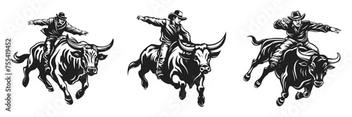 Rodeo vector illustration. Cowboy riding bull hand drawn black on white background. Mal rider bucking silhouette