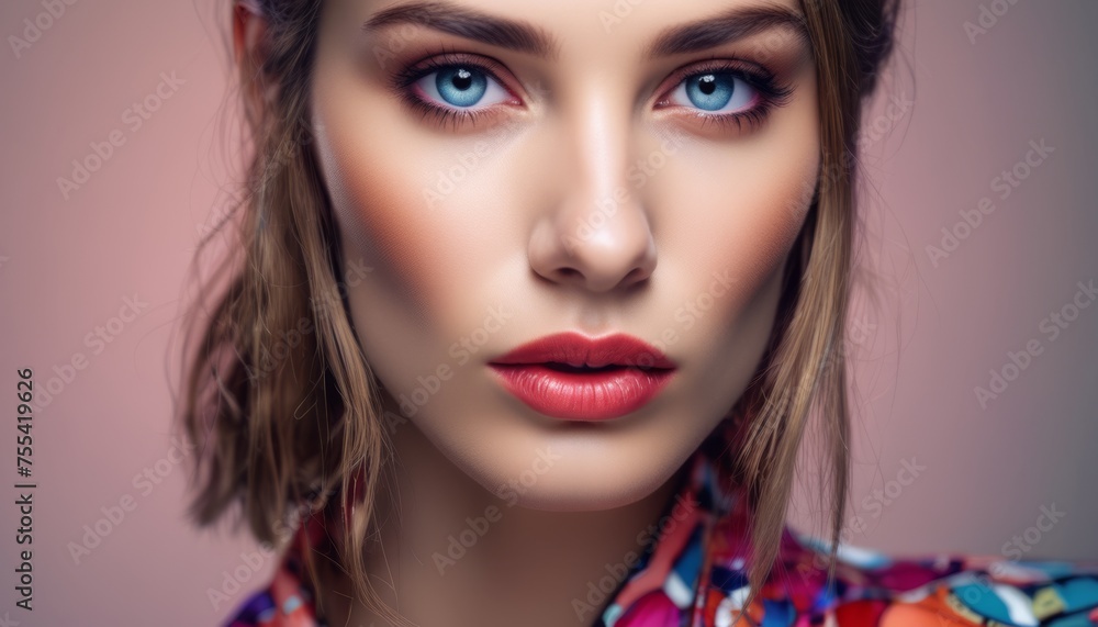 a close up of a woman's face with blue eyes and a colorful shirt on top of her head. a close up of a woman's face with blue eyes and a colorful shirt on top of her head.