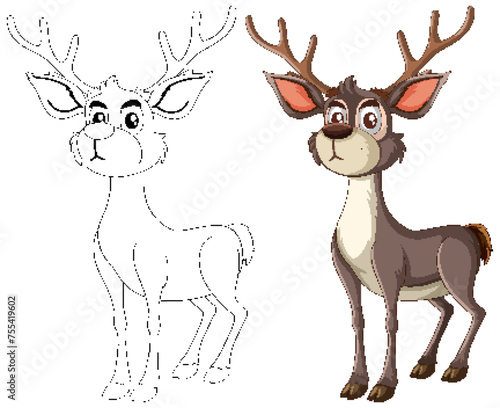 Two reindeer illustrated in color and outline.