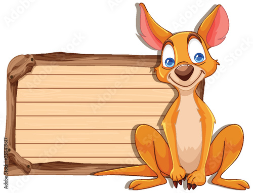 Cartoon kangaroo sitting beside an empty signboard.