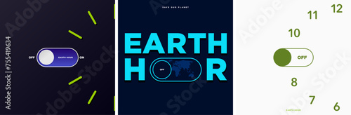 Earth Hour Greeting Card Posters.  Earth Hour Clock Concept with Off Switch button on the 8:30 to 9:30 position. Earth Hour Typographic Design with Off  Slide button. Vector Illustration. 