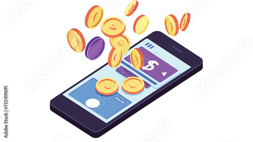 The cash back to the smart phone. Line isometric illustration