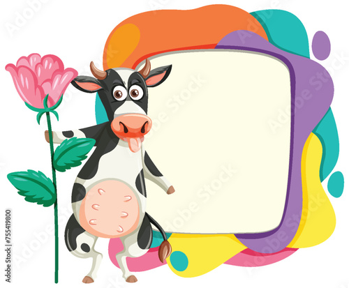Cartoon cow holding a pink flower beside a blank sign.