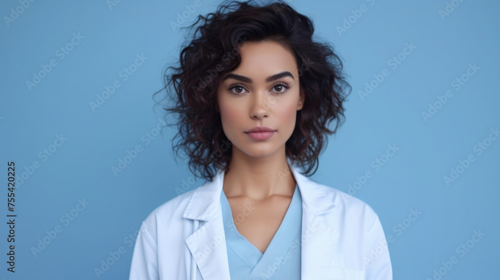 Confident Female Doctor Against Blue Background - obrazy, fototapety, plakaty 