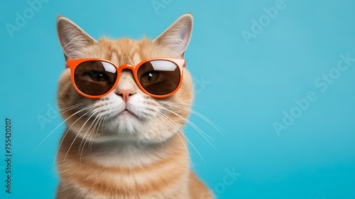 Stylish Cat Sporting Sunglasses Against Blue Background