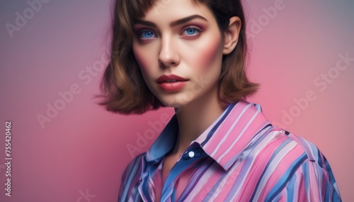  a woman with short hair wearing a pink and blue striped shirt and blue eyeshadow, posing for a portrait.