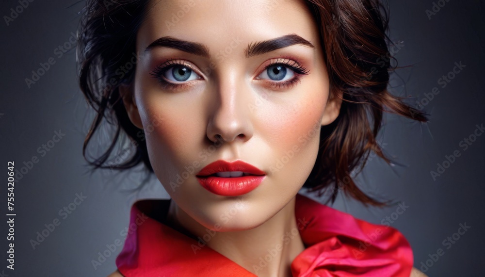 a close up of a woman with blue eyes wearing a red dress with a red bow around her neck and red lipstick on her lips. a close up of a woman with blue eyes wearing a red dress with a red bow around her neck and red lipstick on her lips.