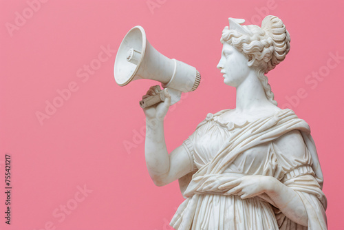 Greek Statue Holding a Megaphone Against Pink Background