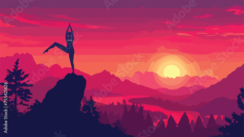 Vector image. The yoga pose. At sunset. In the mounta