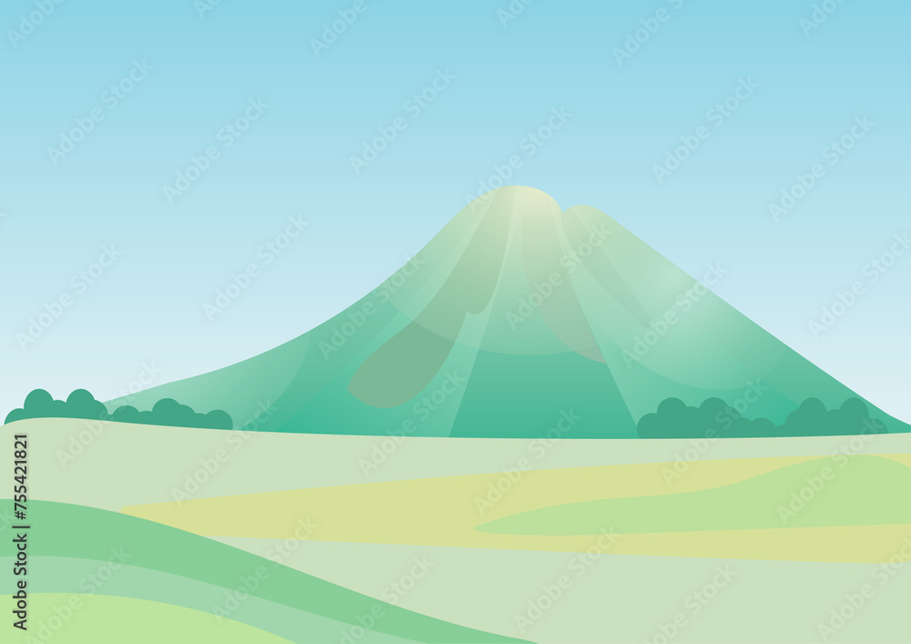 シンプルな山と草原と青空の背景