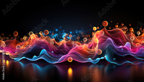 Partical waves, rainbow colors, glowing, black background, perspecitve view, heart rate pulse. photo