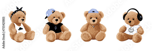 Cute little teddy bear doll set. Vector illustrations isolated on white background.