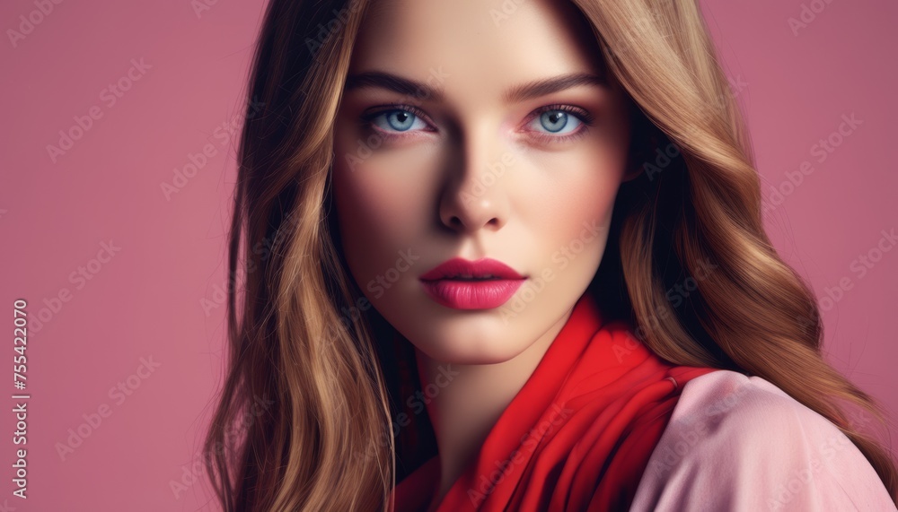 a close up of a woman with blue eyes and a red scarf around her neck, with a pink background. a close up of a woman with blue eyes and a red scarf around her neck, with a pink background.