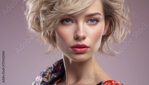  a close up of a woman s face with a short  blonde haircut and a flowered blouse.