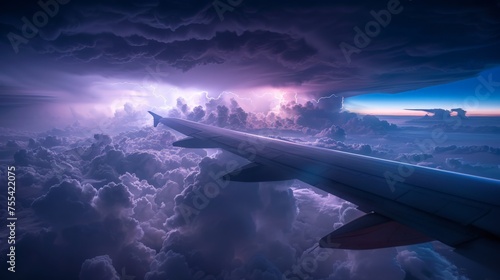 View across plane wing, flying over storm clouds and lightning in sky 