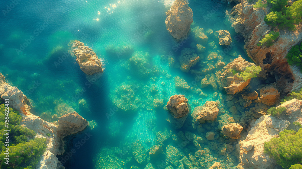 Naklejka premium Picturesque ocean shore, scenic sea shore idyllic seascape aerial view, beautiful clear water tranquil resort