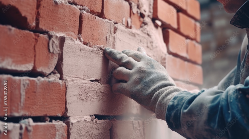 Worker bricklayer plastering red brick wall with putty knife