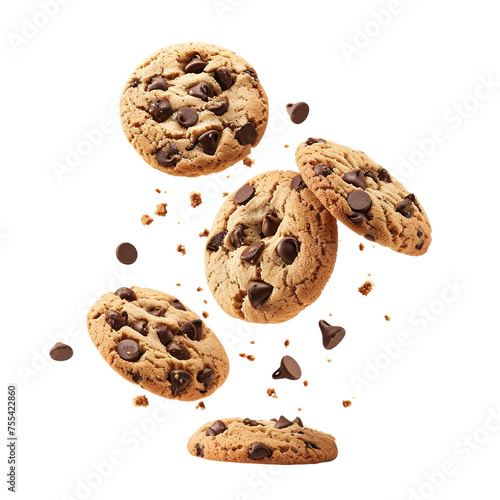 Chocolate chip cookies falling flying in the air, isolated on white transparent background, ultra realistic, PNG

