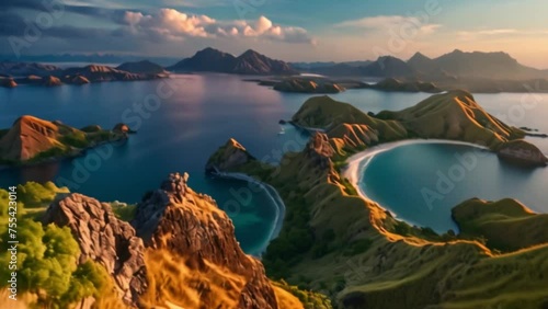 Aerial view of ​​Padar island landscape view in the Komodo archipelago, Flores, Indonesia at sunrise photo