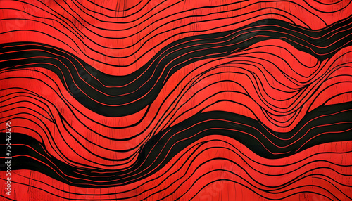 Energetic and dynamic black wavy lines on a vibrant red background, perfect for injecting movement and vitality into your design projects photo