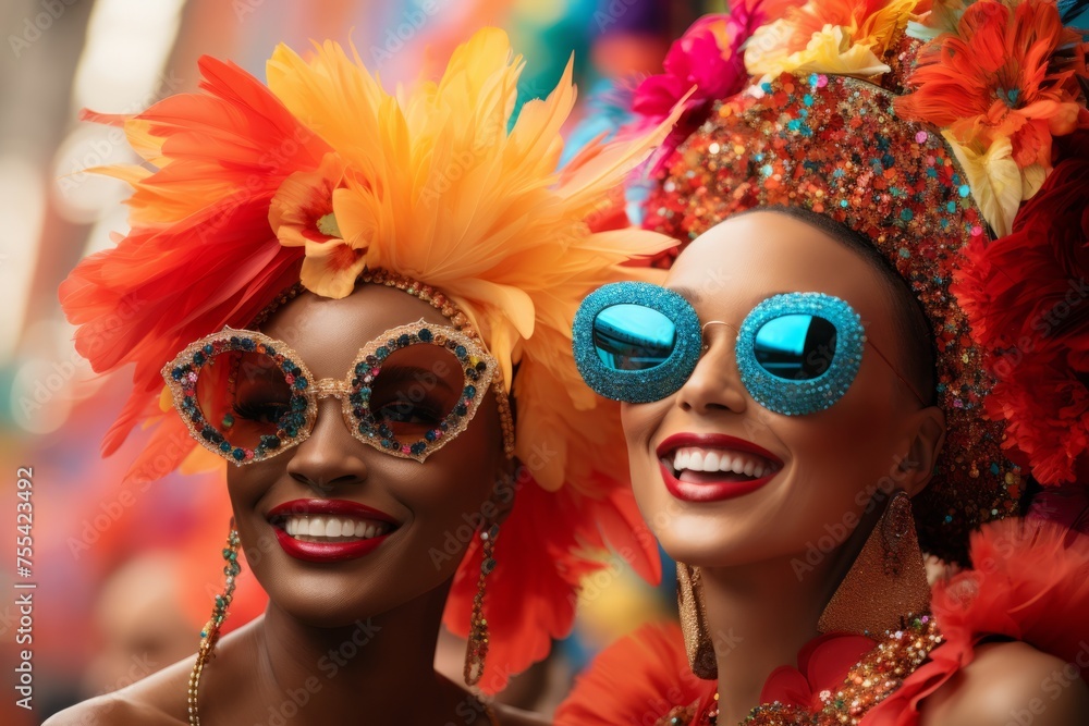 Fototapeta premium Vibrant carnival women laughing, adorned with colorful feathers and sparkly sunglasses