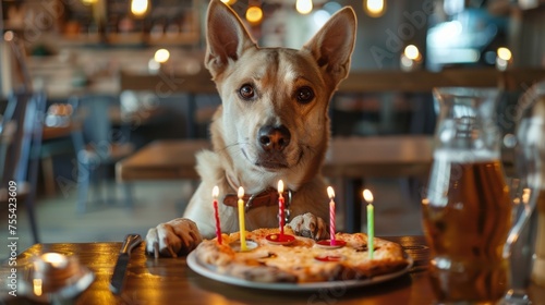 Golden Retriever dog celebrating birthday with cake and candles in cafe,Cute Golden Retriever dog in birthday hat with cake on table  © Maria