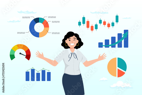 Businesswoman thinking with data chart and graph, businesswoman financial data analysis, economic and growth diagram, stock market exchange data, investment analysis, growth earning income (Vector)