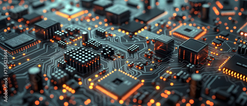 Macro shot of an circuit board with focus on a central integrated circuit chip